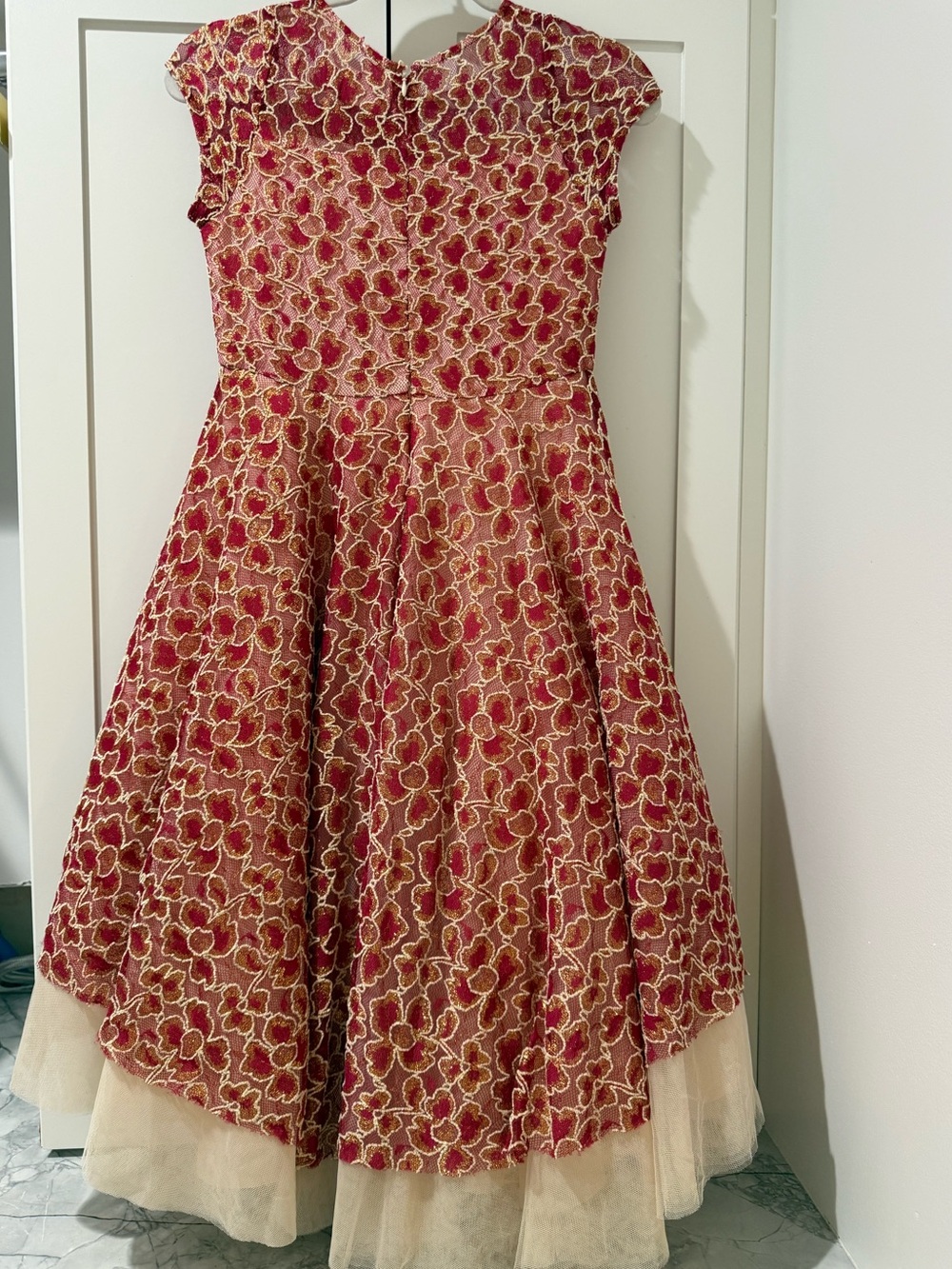 Joyfolie Red and Gold Floral Lace Fit-and-Flare Dress